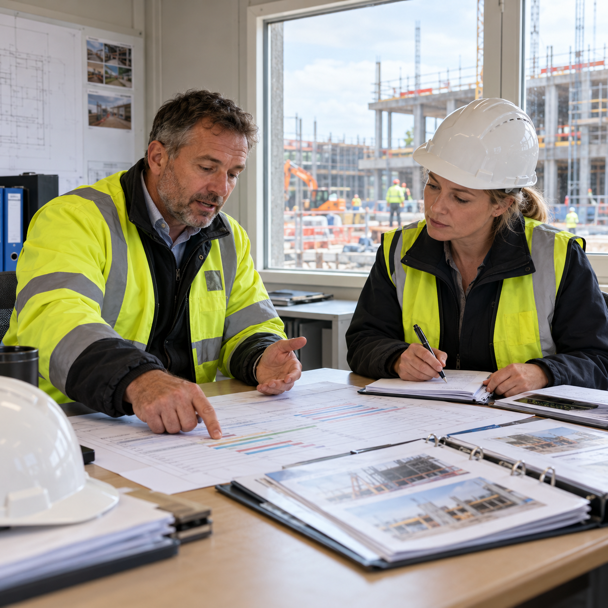 Construction site manager reviewing work records with an assessor