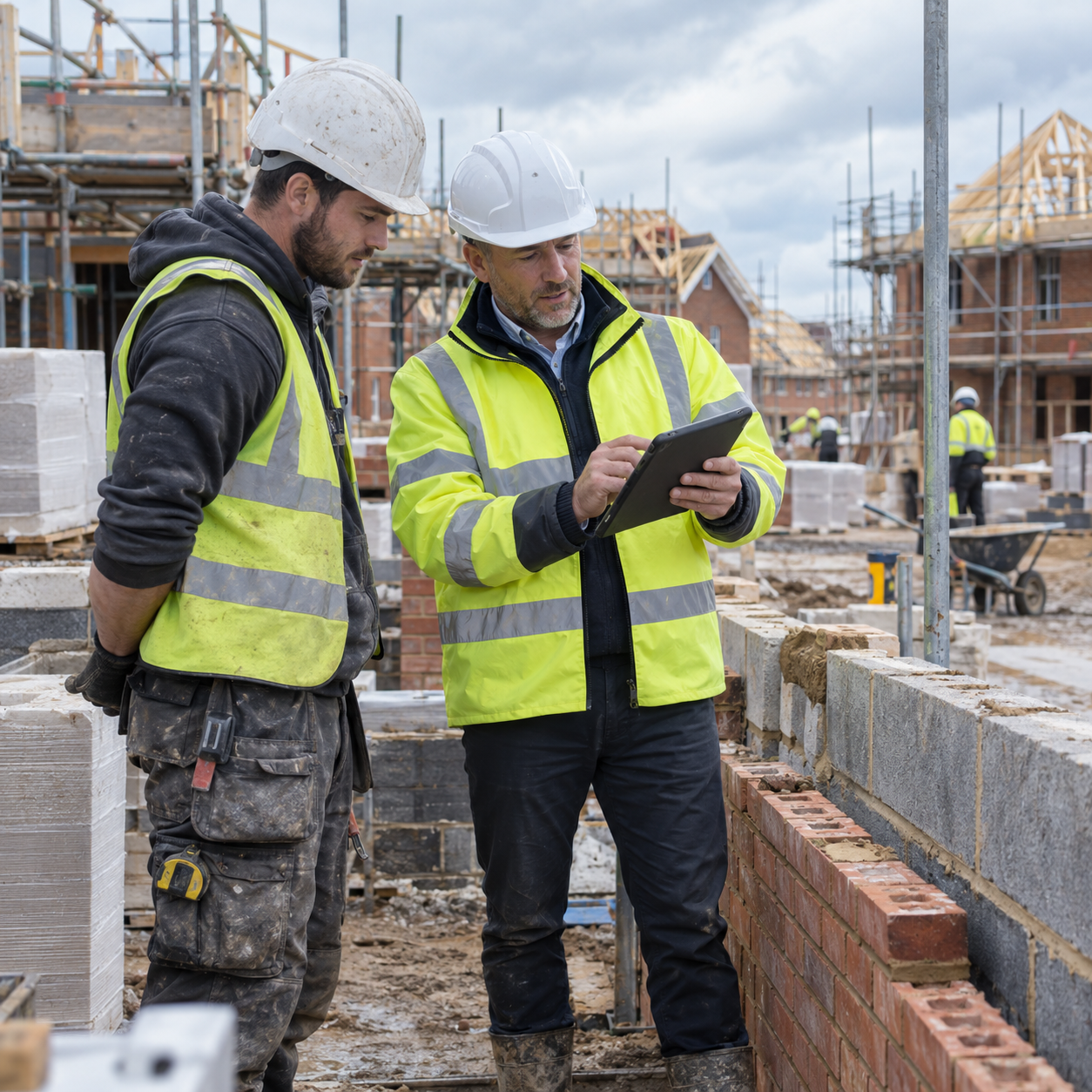 Site manager and tradesperson checking construction work on site