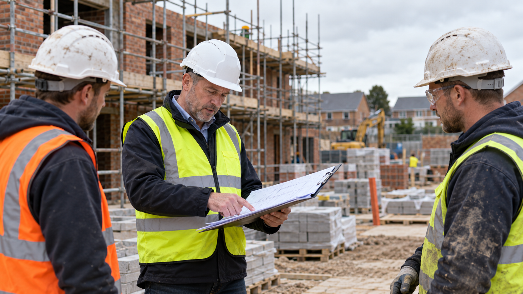 Site manager reviewing a building plan with colleagues on a construction site