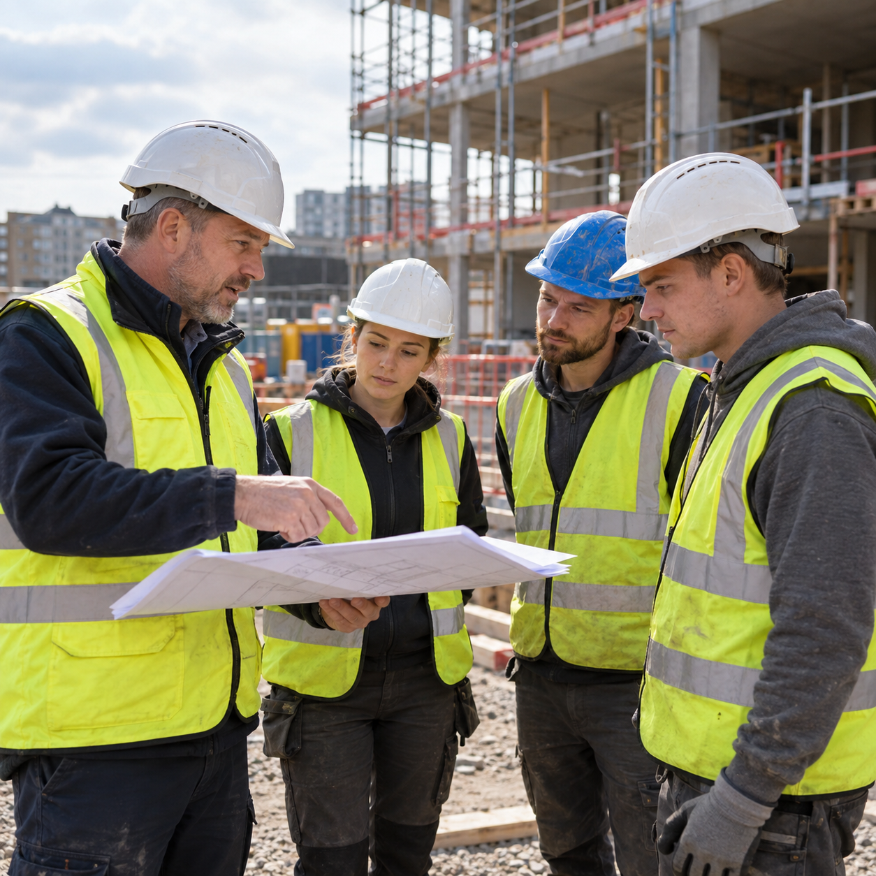 Site manager briefing a construction team on site safety
