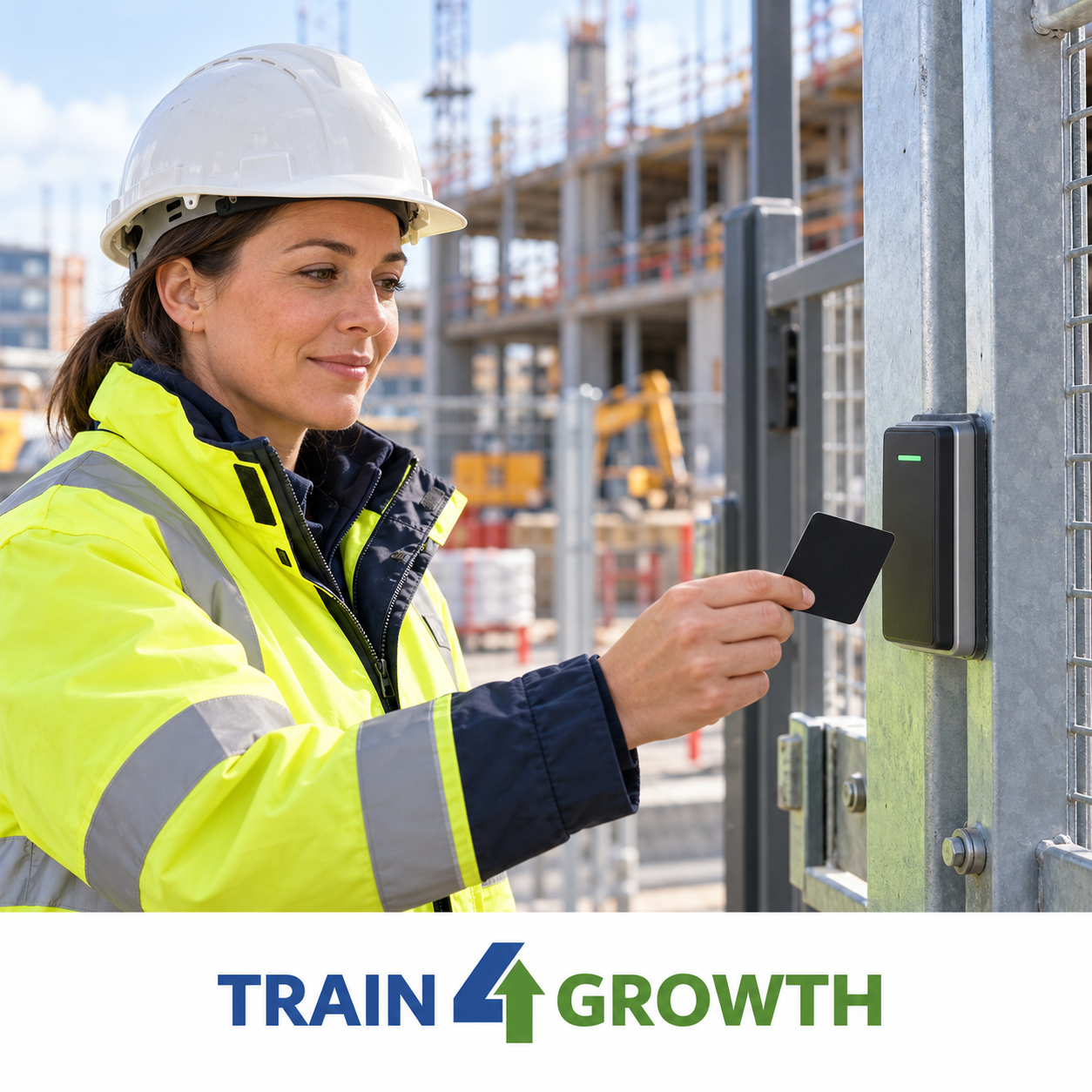 Construction site manager holding a black access card at a site entrance