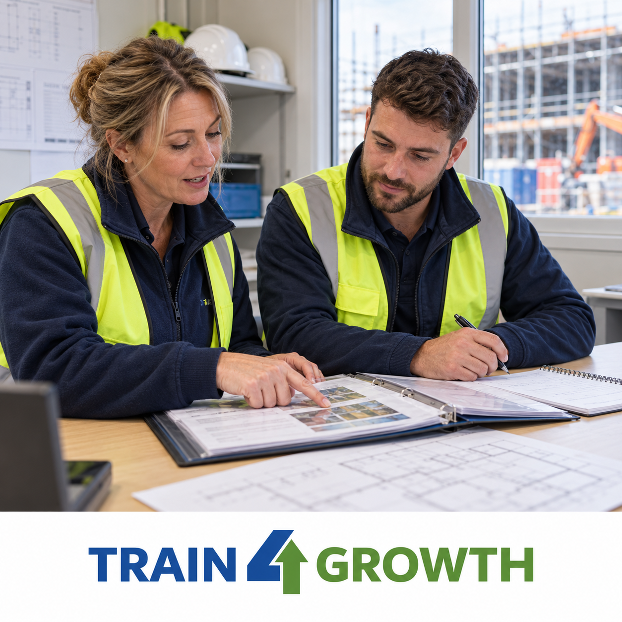 Assessor and site manager reviewing workplace evidence for a Level 6 NVQ