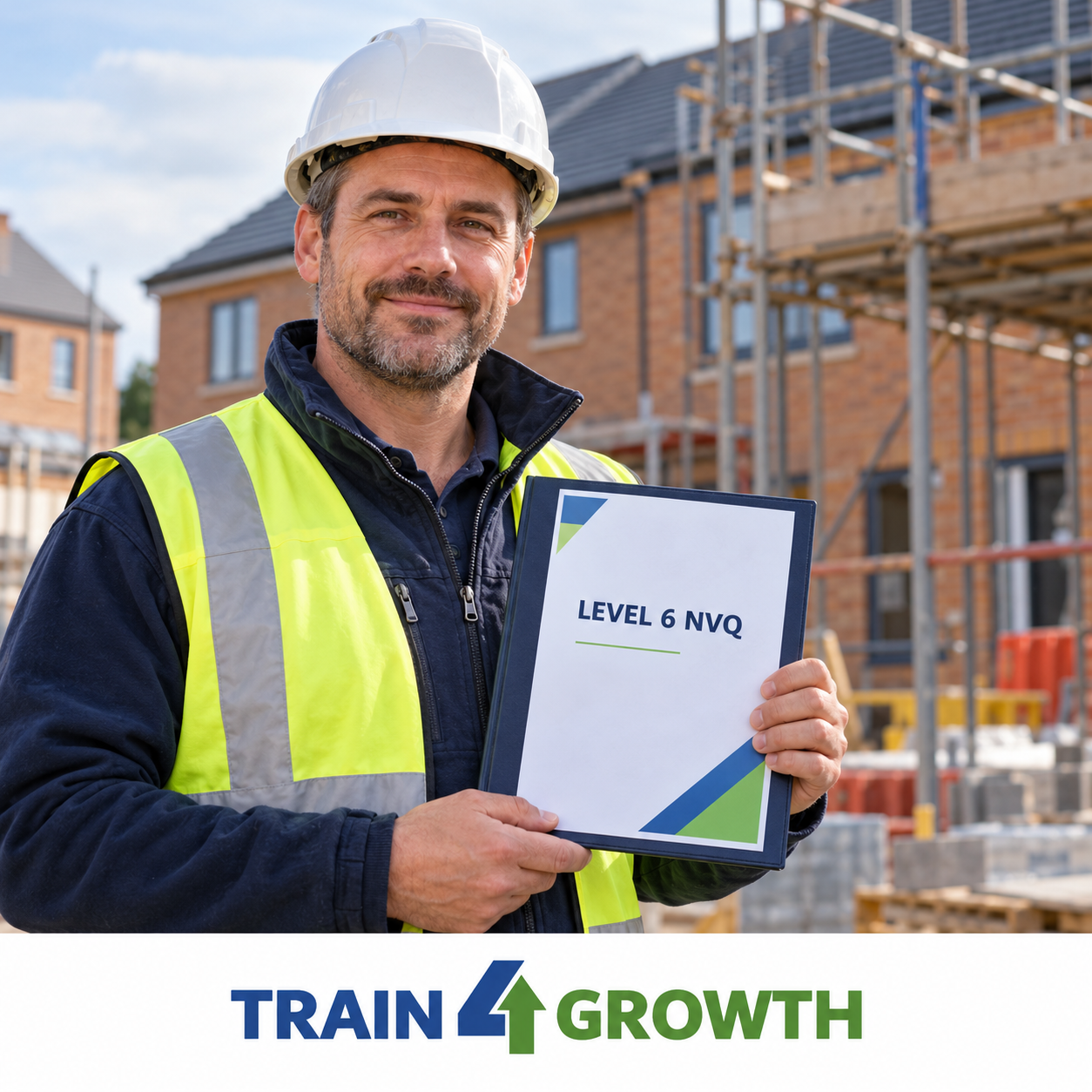 Construction site manager holding a Level 6 NVQ certificate