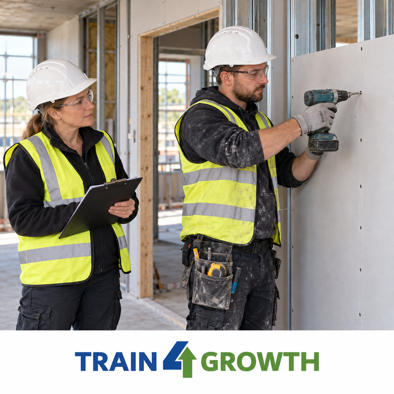 Dry lining worker fixing plasterboard while an assessor observes.