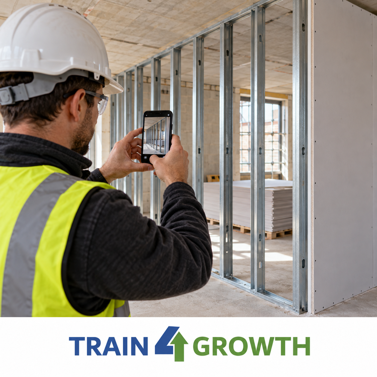 Dry lining worker photographing a metal stud framework before boarding.