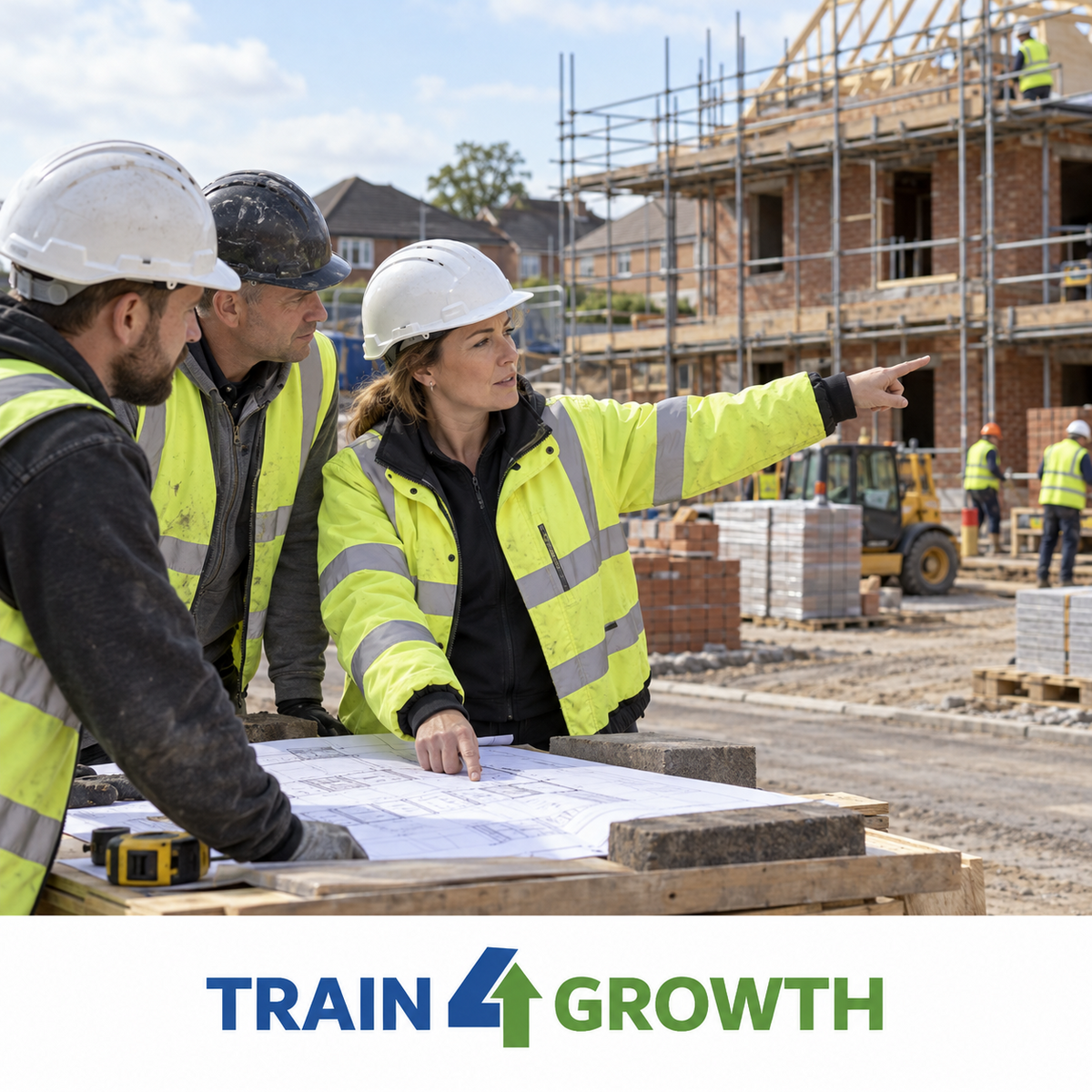 level-4-site-supervision-nvq-1200 Site supervisor reviewing plans with two workers on a housing development – NVQ Level 4 Site Supervision